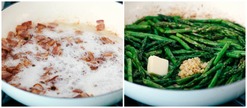 This garlic asparagus is an easy, fresh and tender side dish with bacon chopped up and sautéed together. Adding bacon enhances this delicious dish to the next level! A photo collage of bacon being cooked in a white skillet and the other photo of asparagus being cooked with butter and garlic.