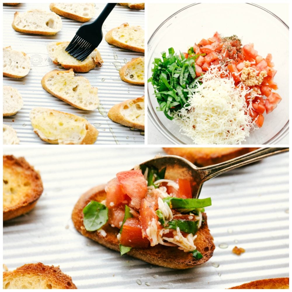 This bruschetta is easy to make with fresh, ripe Roma tomatoes, shredded mozzarella cheese and drizzled with balsamic vinaigrette over top of a French baguette. Bruschetta comes together quickly and easily!ย The process of making bruschetta in three photos starting with the brushing on the bread then making the tomato mixture and add it onto of each bread.