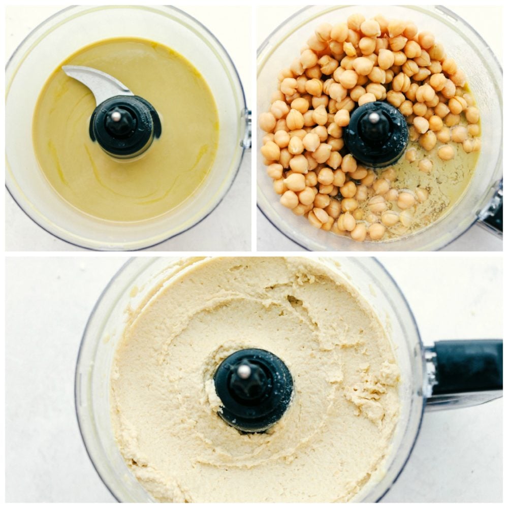 This is the BEST hummus that is fresh, flavorful, smooth and creamy plus quick and easy to make. Add this hummus for your next dip! Three photos showing the process of the food blender blending the hummus ingredients together.