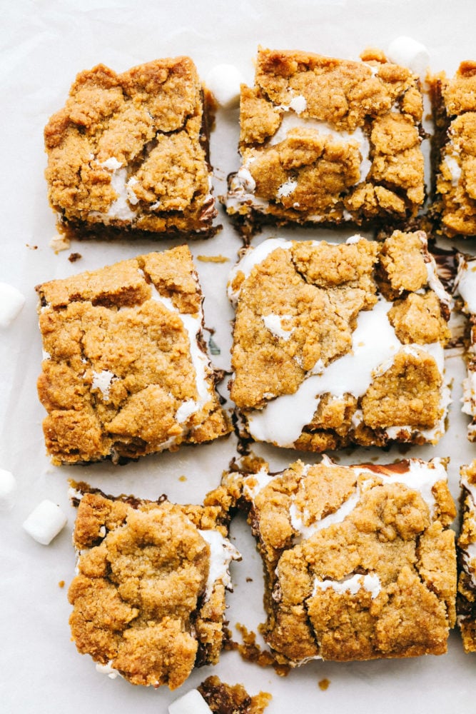 Ooey Gooey S'mores Bars are a delicious treat inspired by campfire s'mores with melty marshmallow, a buttery graham cracker crust, and a rich-sweet chocolate.ย These satisfying and easy to make bars are irresistible! S'Mores bars cut in squares and in rows.
