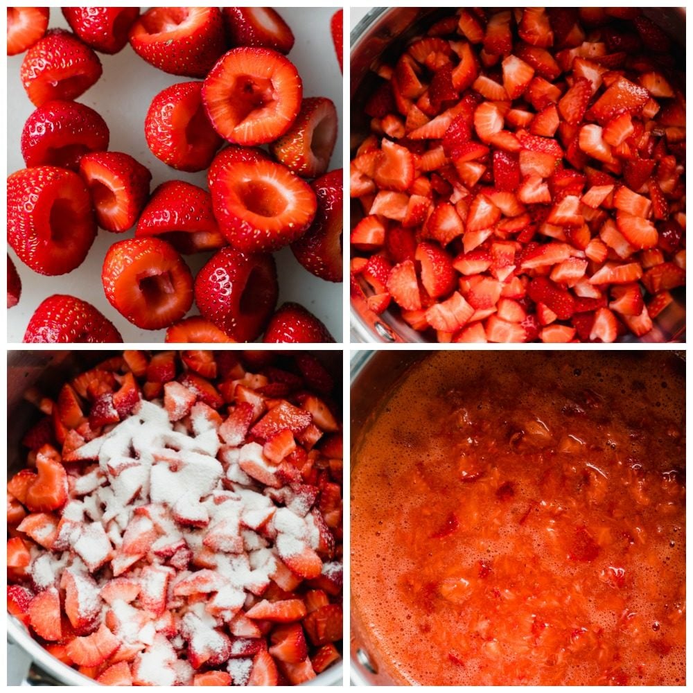 Homemade Strawberry Jam use all those fresh, juicy berries to make your own jam at home! No canning required. Simply store this jam in your refrigerator or freezer to enjoy. Four photos with steps for making strawberry jam.