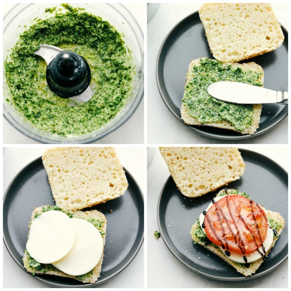 A Caprese Sandwich with Basil Pesto is a thick ciabatta bread stuffed with layers of tomato, mozzarella, and fresh pesto.ย Add a drizzle of a balsamic glaze and you will have a homemade sandwich that is better than anything you could buy at a restaurant! Steps to make a caprese sandwich.