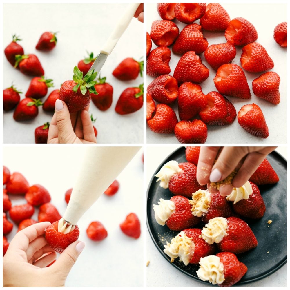 Cheesecake stuffed strawberries are the perfect party treat filled with a creamy and smooth cream cheese filling. Topped with a graham cracker crumb, they are juicy, tangy, and sweet all at the same time. This easy and quick dessert is unbelievably delicious and impossible to resist! Steps to make cheesecake stuffed strawberries.