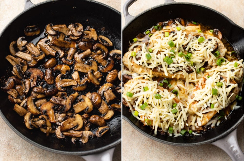 Chicken Lombardy is an insanely delicious cheesy version of Chicken Marsala baked to perfection with mozzarella and scallions. Ready in about 30 minutes! collage of Chicken Lombardy recipe (sautรฉed mushrooms and the skillet prior to going into the oven)