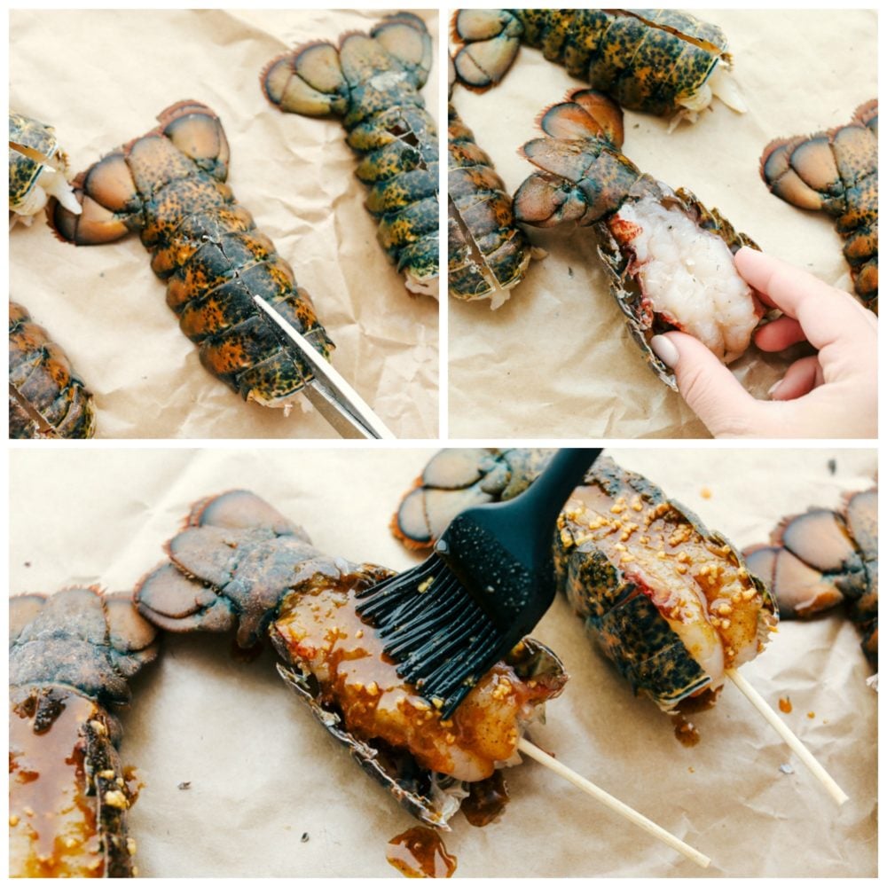 Grilled Cajun Garlic Butter Lobster Tails are buttery and savory and they make a normal night at home seem so fancy! To elevate your next dinner party be sure to include these in your plans! Steps to butterfly the lobster tail and marinate.