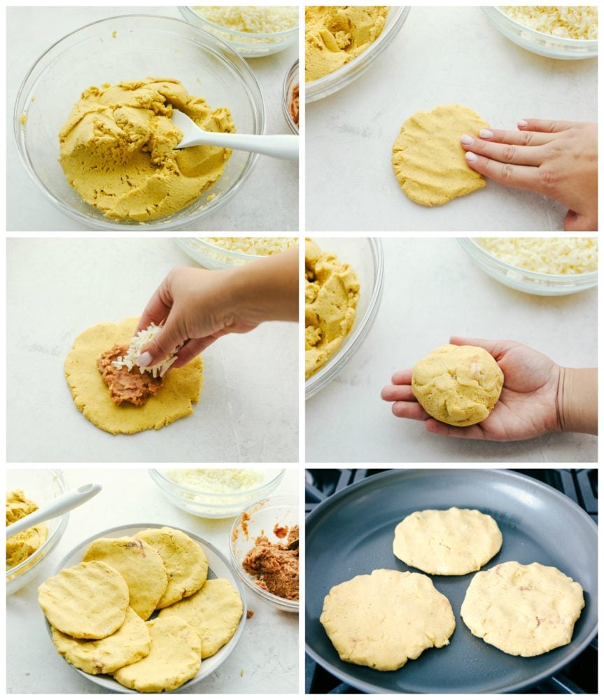 Easy Bean and Cheese Pupusas are handmade griddle cakes filled with savory beans and cheese. They are cheap and easy to make, but just beware because they are addicting! Steps to make bean and cheese pupusas.