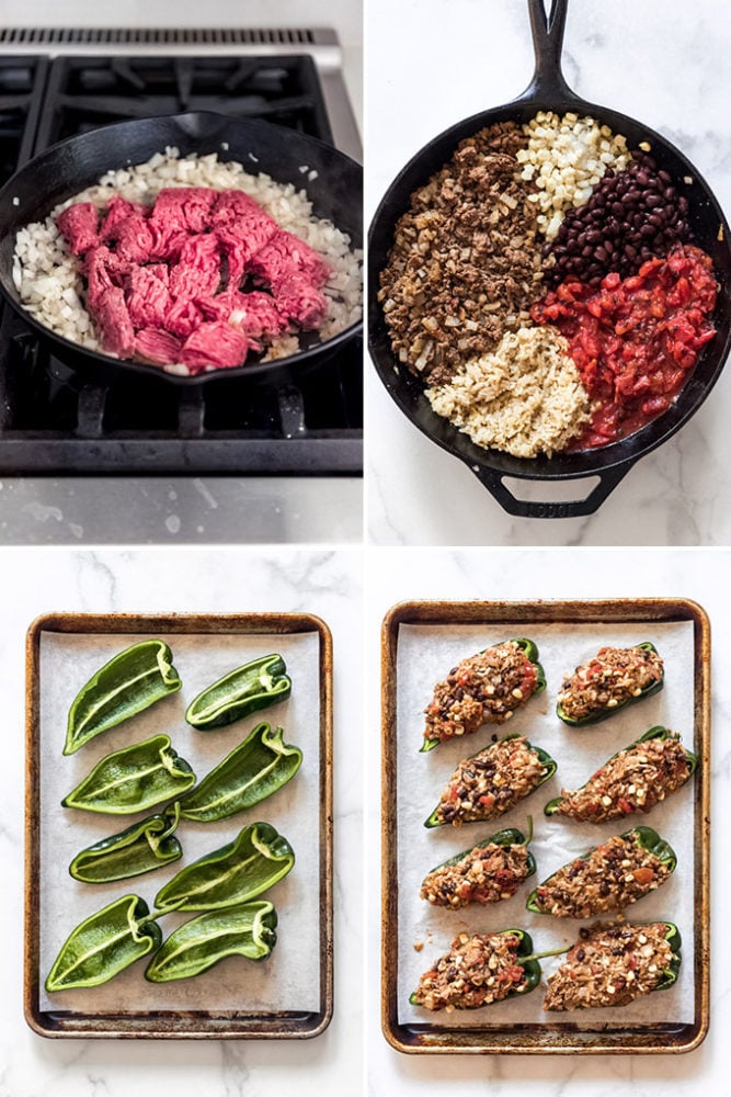 Stuffed Poblano Peppers are loaded with southwest seasoned ground beef, rice, veggies, and cheese for a satisfying dinner with just a little bit of a kick! Everybody raves about this twist on classic stuffed peppers! A collage of images showing how to make stuffed poblano peppers.