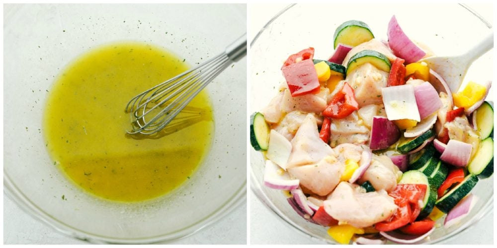 Garlic Ranch Chicken Skewers are the perfect way to enjoy kabobs this summer. Get grilling with this easy to make chicken that has all the flavor on each skewer! Two photos next to each other. One with the garlic ranch seasoning mix and the other photo with the chicken and vegetables being stirred together with the mix.