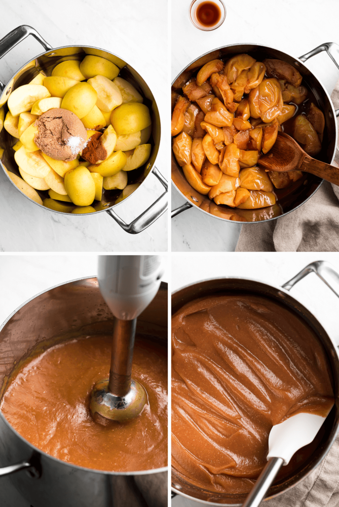 Apple Butter is a sweet velvety concentrated apple spread that youโll want to put on everything. It requires just a few ingredients and a little bit of patience to make this yummy jam like condiment. Process shots of cooking apples and pureeing them.