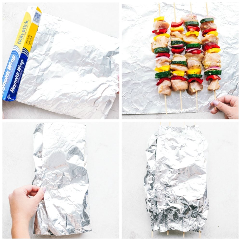 Garlic Ranch Chicken Skewers are the perfect way to enjoy kabobs this summer. Get grilling with this easy to make chicken that has all the flavor on each skewer! Four photos being used in the process of making chicken skewers with Reynolds wrap foil packet.