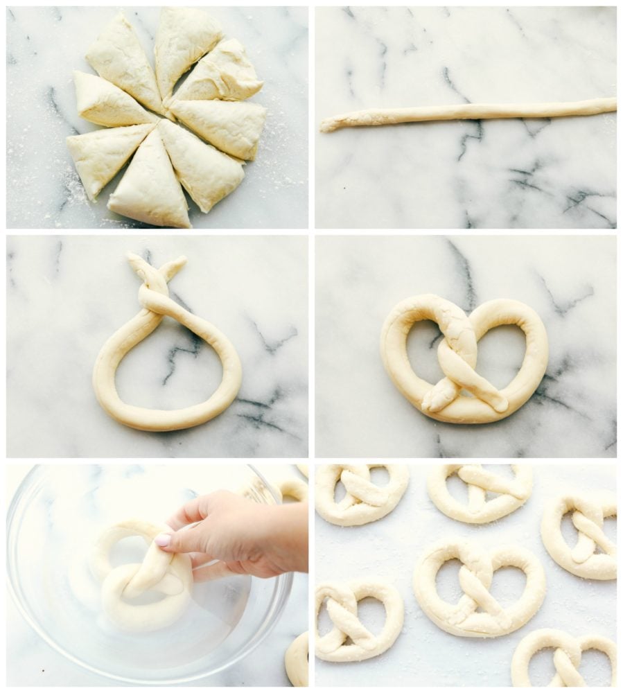 Baked Soft Pretzels are soft and chewy on the inside with the perfect salty golden exterior.ย This recipe will walk you through these easy homemade pretzels with step by step instructions! Steps to make a soft pretzel.