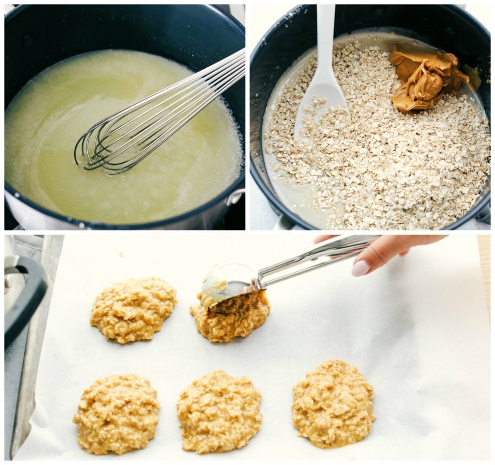 Peanut Butter No Bake Cookies are an easy to make family favorite dessert.ย They are loaded with peanut butter flavor and an addictive chewy texture you won't be able to get enough of!ย Steps to make no bake peanut butter cookies.