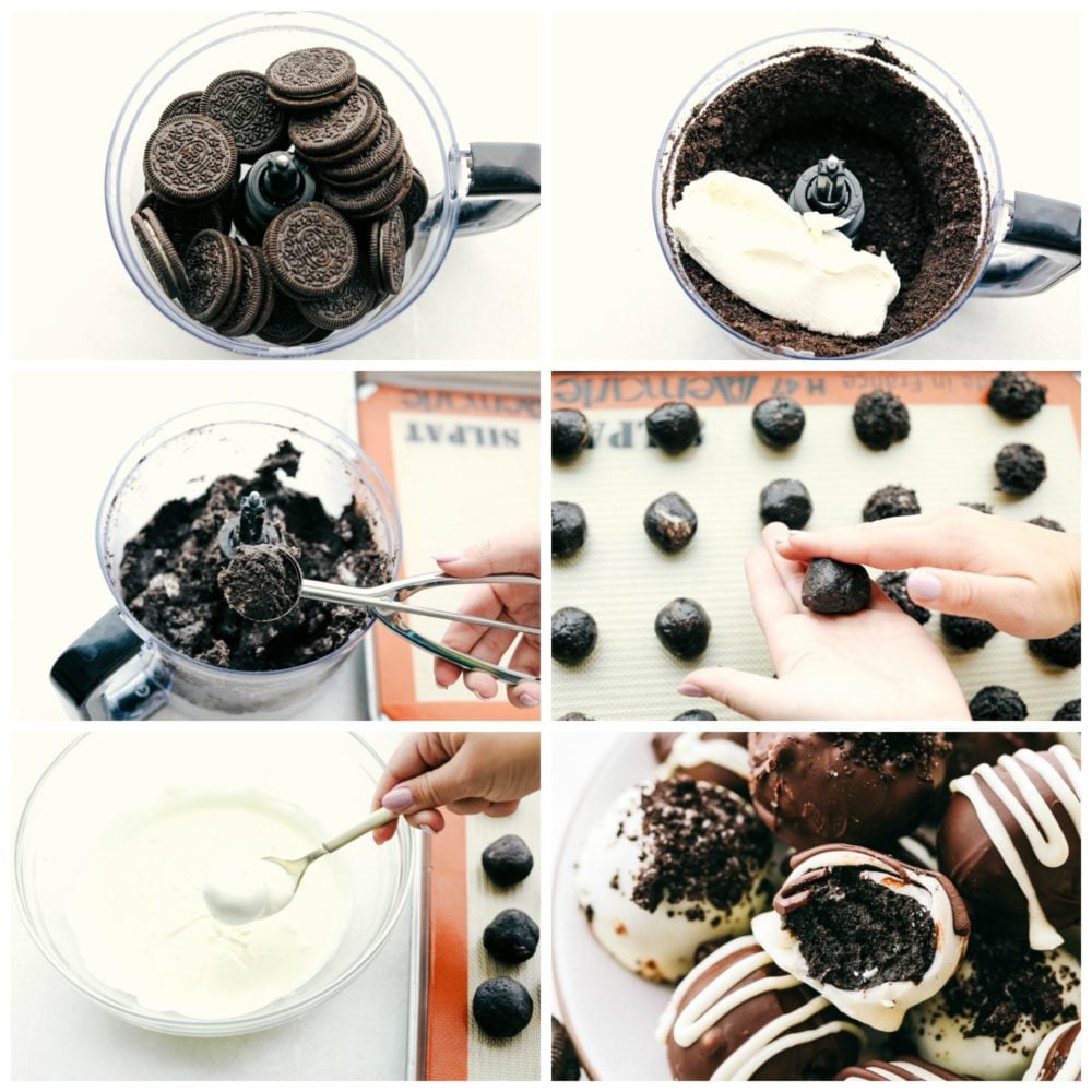 Easy no bake Oreo balls are decadent little truffles covered in a chocolate shell.ย Oreo crumbs and cream cheese create a sweet creamy texture on the inside. It only takes 3 simple ingredients to make this perfect party treat! First photo of the Oreos in a food processor. Second photo of the Oreo crumbs and cream cheese in a food processor. Third photo of the Oreo mixture being scooped into a ball. Fourth photo of rolling the Oreo balls. Fifth photo of a ball dipping in the melted white chocolate. Sixth photo of the balls stacked on a plate with a bite out of one.