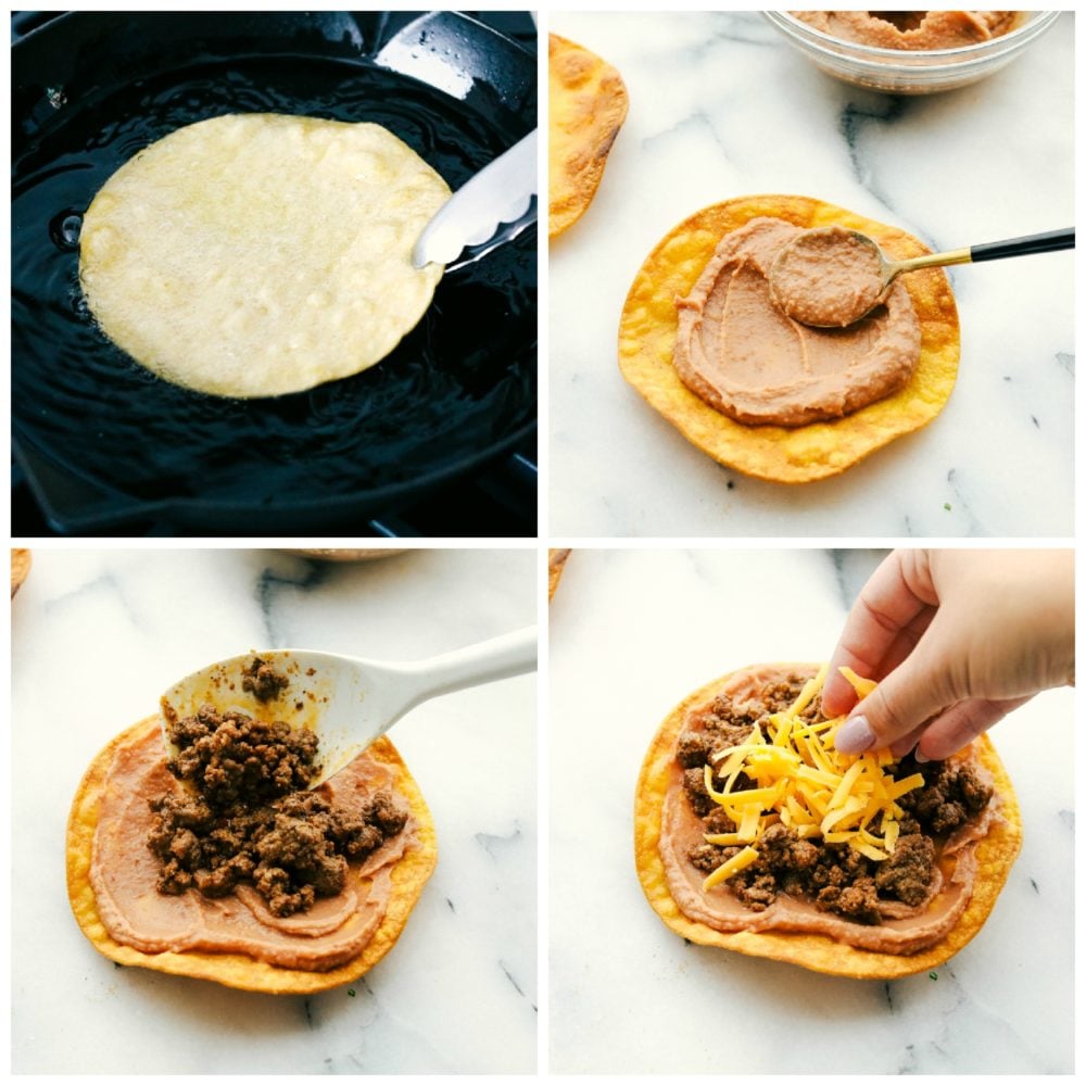 These Tostadas are easy to make and layered with flavorful toppings that make this main dish one of the best! Create a delicious dinner right at home within minutes! The process of frying tortillas to make tostadas.