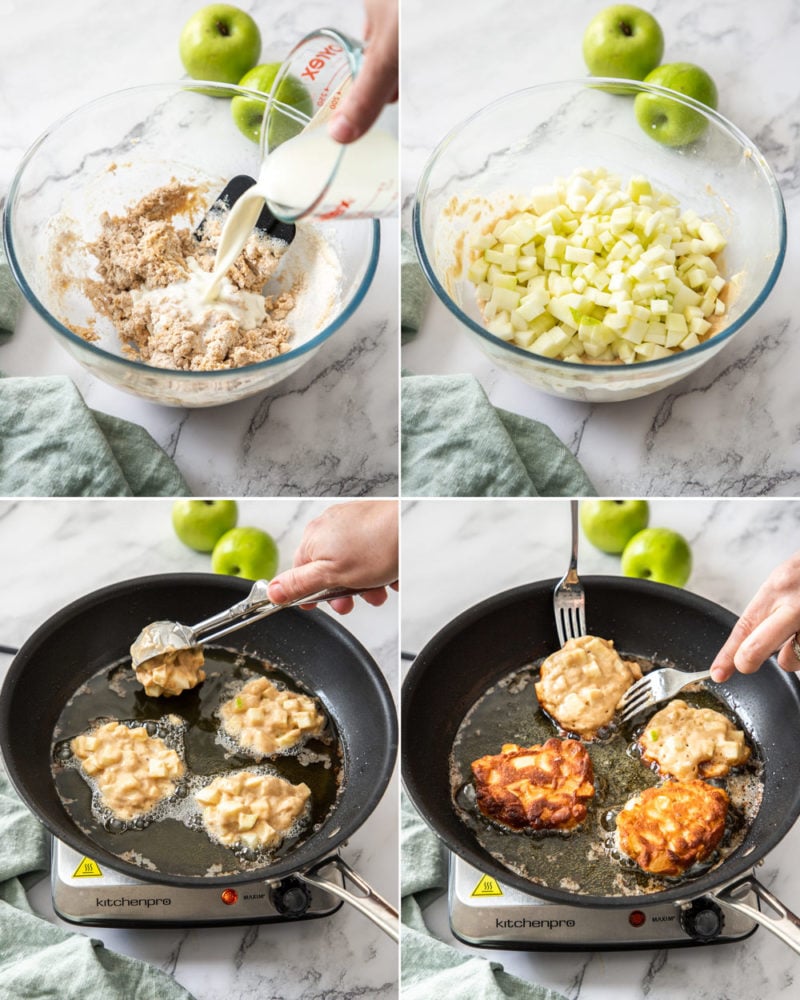 Juicy chunks of apple, coated in batter and shallow fried, these homemade apple fritters are a tender, delicious apple breakfast treat that are also incredibly simple to make. They’re topped off with an addictive but simple icing which takes them to a whole ‘nother level. 4 images showing mixing batter in a glass bowl, then frying fritters in a frying pan