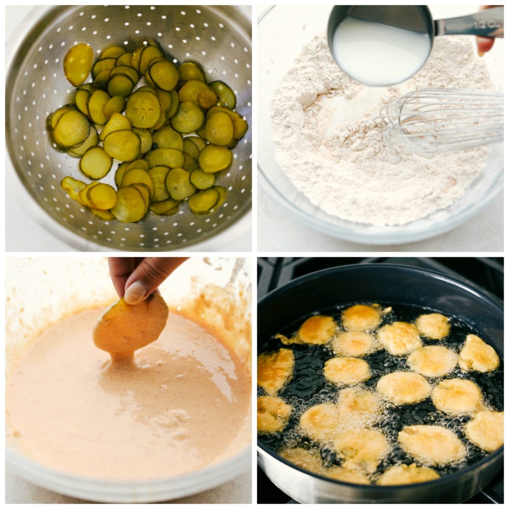 Fried Pickles are tangy dill pickles dipped in a smooth flavorful batter and fried till crispy golden brown. A sure fire winner for any appetizer or snack time! The process of frying pickles in four photos.