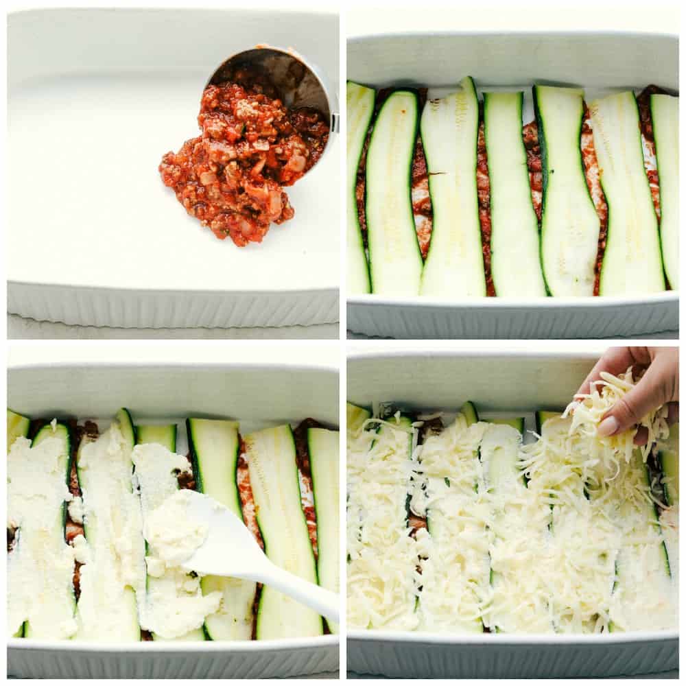 Zucchini Lasagna is a low-carb, gluten free twist on your favorite Italian comfort food. This is an absolutely scrumptious way to use all that zucchini from your garden. The process of layering zucchini lasagna.