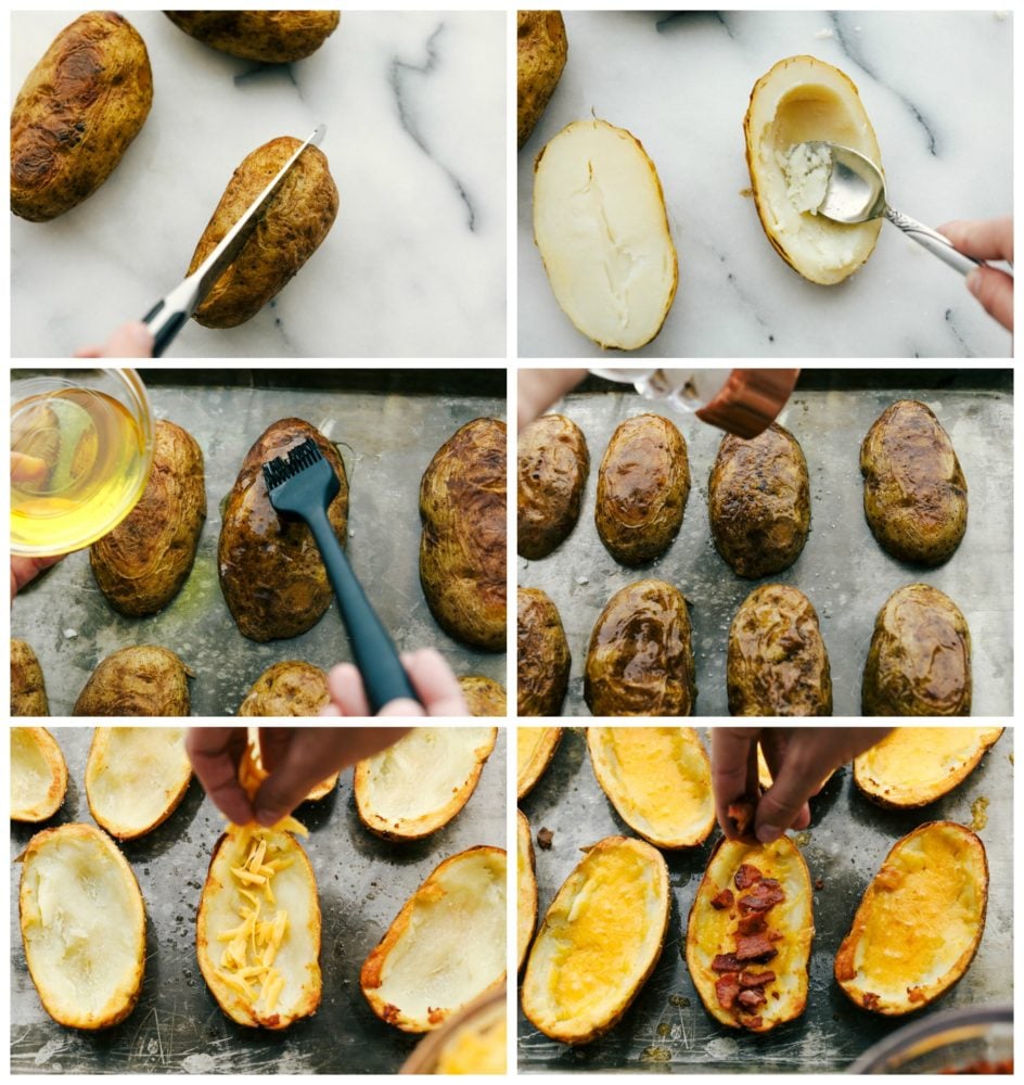 Baked Potato Skins have a crispy outer shell that is loaded with a cheddar cheese, bacon and green onion combination. These potatoes are everyones favorite appetizer or side dish! The process of making potato skins.