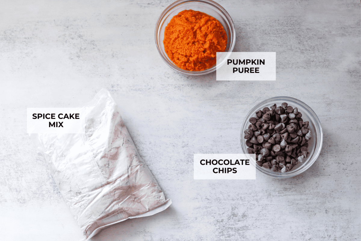 Easy as 1,2,3, these delicious pumpkin chocolate chip cookies are super quick and tasty! They are light, fluffy, and packed with pumpkin flavor and silky milk chocolate. With only three ingredients, it can’t get much easier than that! Overhead shot of labeled ingredients.