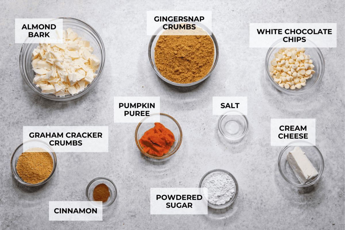 Pumpkin cream cheese truffles combine smooth cream cheese, pumpkin puree, crunchy graham cracker, and gingersnap crumbs, all dunked in sweet white chocolate. The best fall dessert. Overhead shot of labeled ingredients.