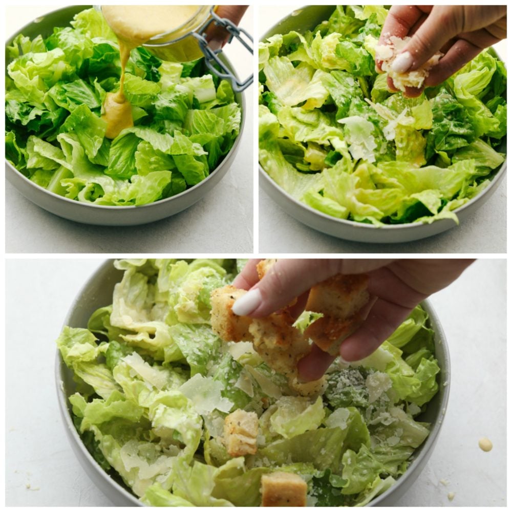 Fresh crisp romaine lettuce, large shaved parmesan cheese, crunchy croutons and a creamy dressing make this Caesar Salad a must make. Caesar salad goes with so many things and it's always a family favorite. Assembling the perfect light and fresh Caesar Salad.