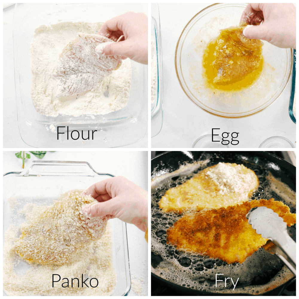 Sharing my best Chicken Parmesan recipe with you today with tender, juicy chicken that is full of flavor and a ย dinner everyone will love! Dredging the chicken and breading it and frying it.
