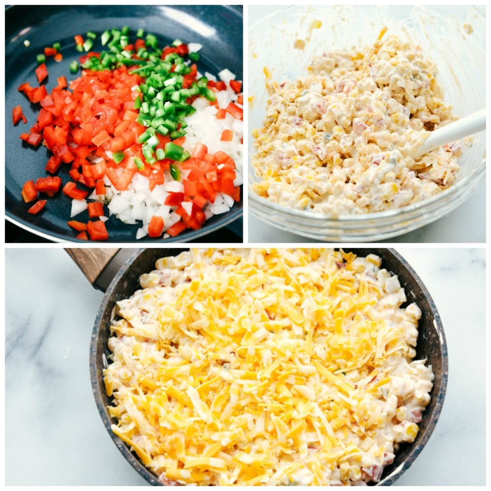 Hot Corn Dip is super cheesy, packed with flavor and such a crowd pleaser. This always one of the first dips to disappear! Making cheesy spiced Hot Corn Dip with peppers, onions and jalapeno.