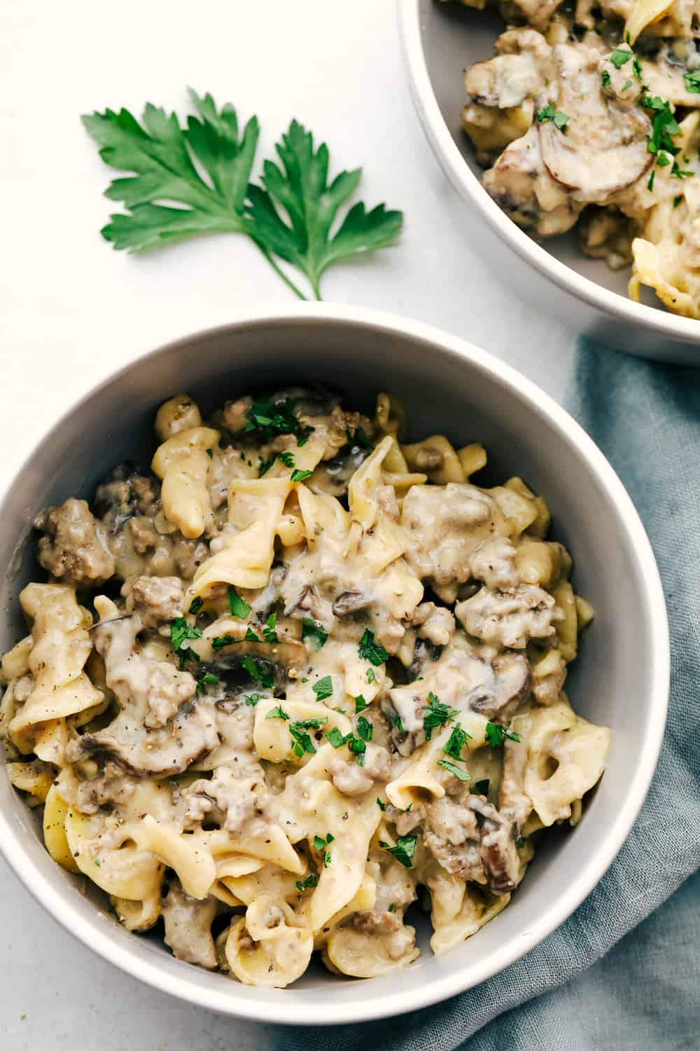 One-pot ground beef stroganoff is hearty, savory perfection and so easy to prepare! A luscious, creamy sauce made with tender mushrooms and ground beef, served over wide egg noodles. The kind of dinner the whole family will love! A serving of the creamy beef and noodles in a white bowl.