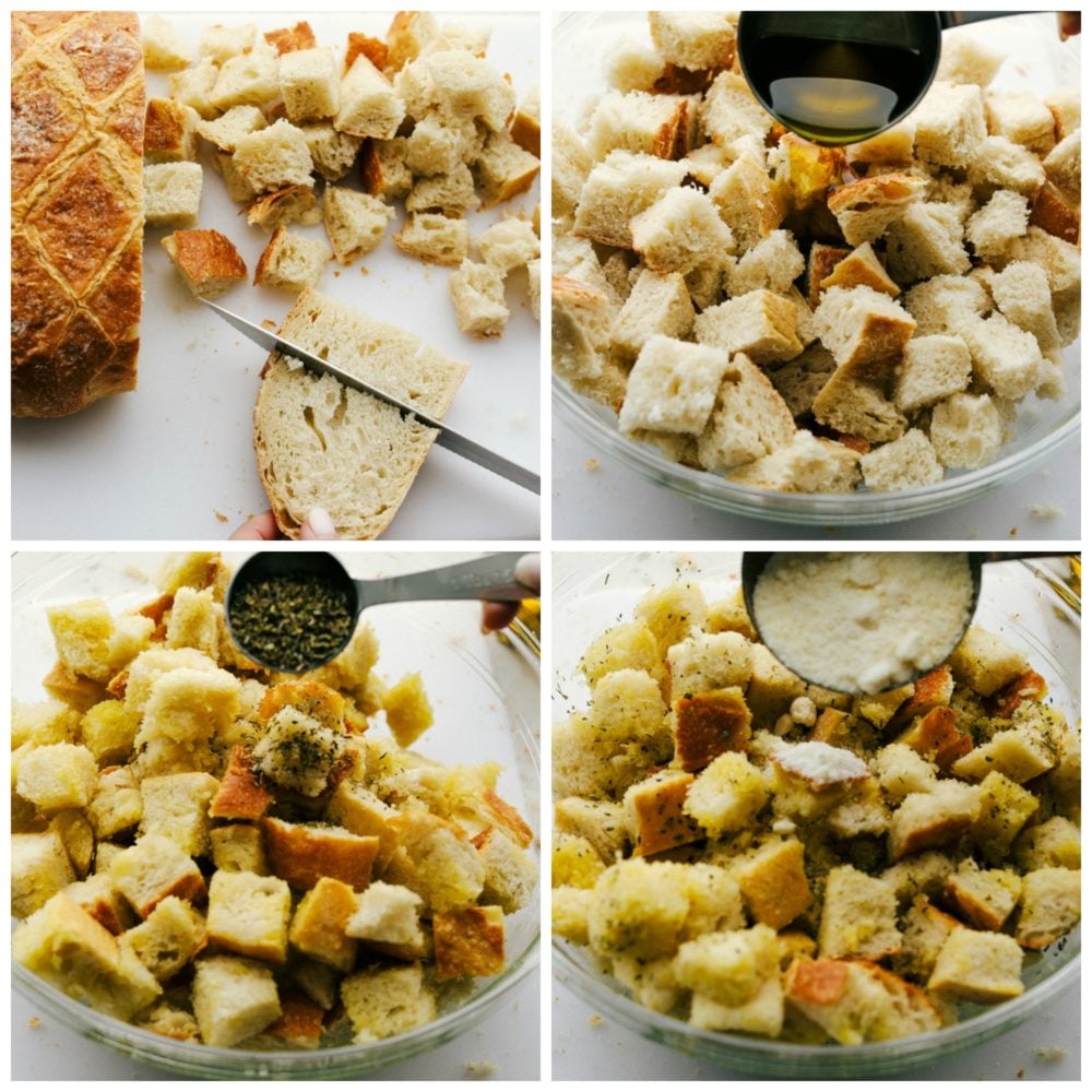 Crunchy, perfectly seasoned and addicting, these Homemade Croutons are the Best. After you see how easy and simple it is you'll never buy store croutons again. They will crunch, but then melt in your mouth. You will want to make salad or soup just to eat these. Making perfectly crunchy homemade croutons.