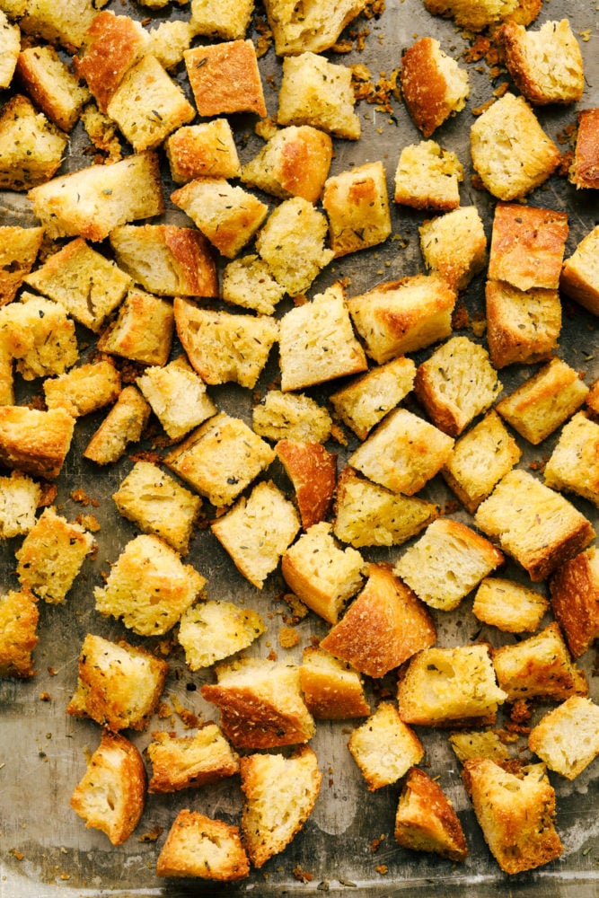Crunchy, perfectly seasoned and addicting, these Homemade Croutons are the Best. After you see how easy and simple it is you'll never buy store croutons again. They will crunch, but then melt in your mouth. You will want to make salad or soup just to eat these. Crispy, savory, perfectly seasoned croutons.