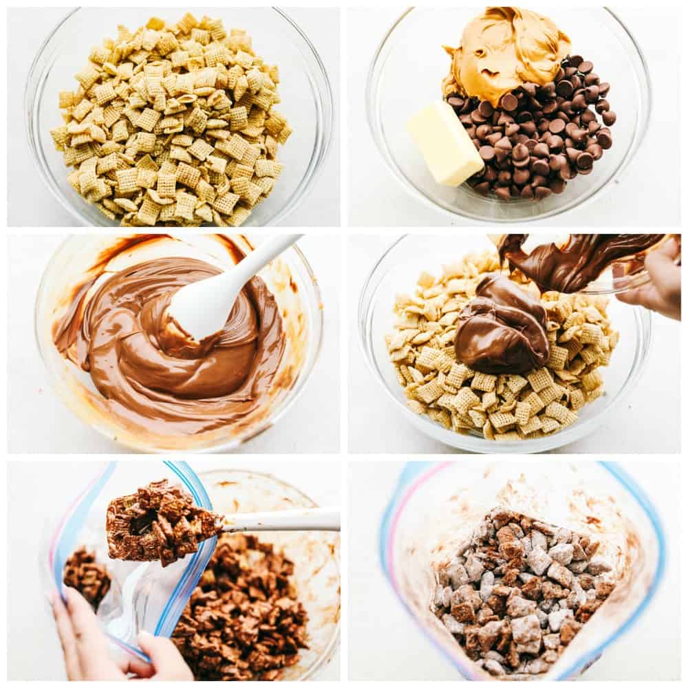 This quick and easy no bake sweet treat is a combination of cereal, chocolate and peanut butter and tossed in powdered sugar. It's snack attack perfection! Steps to making Muddy Buddies with cereal, peanut butter, chocolate and powdered sugar.