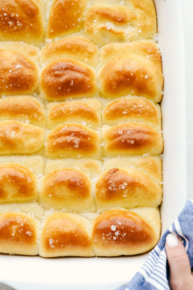Parker House Rolls are soft, melt in your mouth rolls, that are buttered before and after baking for rich irresistible flavor. They are so good, it'll be hard not to want to make them everyday. Baked parker house rolls in a pan.
