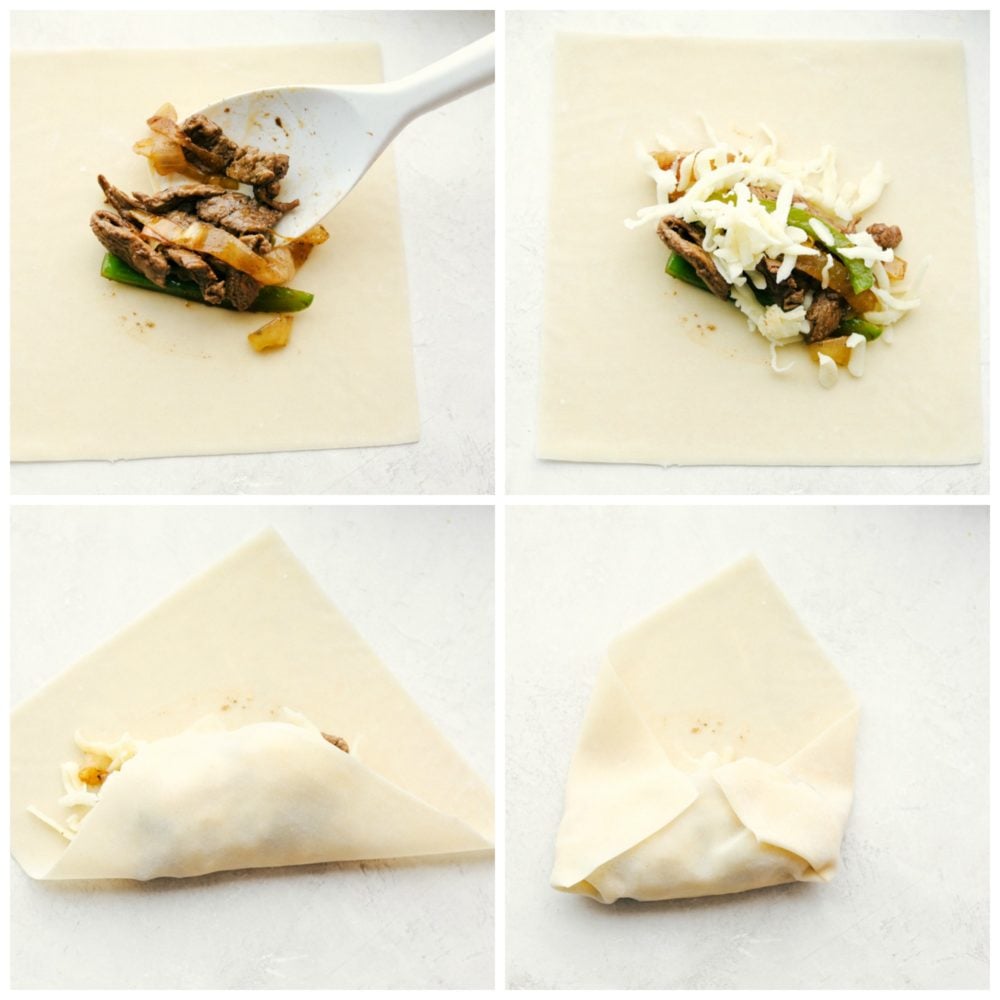 Tender meat, sautรฉed peppers and onions is smothered with cheese and wrapped in egg roll wrappers and fried to perfection in these Philly Cheesesteak Egg Rolls. This is going to be your go to appetizer or snack when you want to impress without a lot of stress. Loading and Folding Philly Cheesesteak Egg Rolls