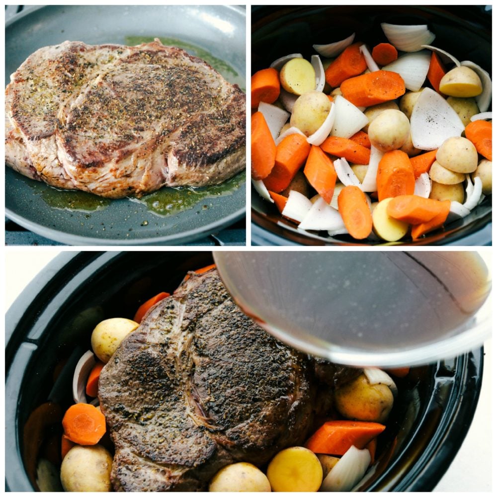 Fork-tender, melt-in-your-mouth pot roast with delicate potatoes and sweet carrots in a perfectly seasoned broth. This recipe is super simple but will make you feel like you've spent all day cooking. 3-photo collage of roast and vegetables being added to a slow cooker.