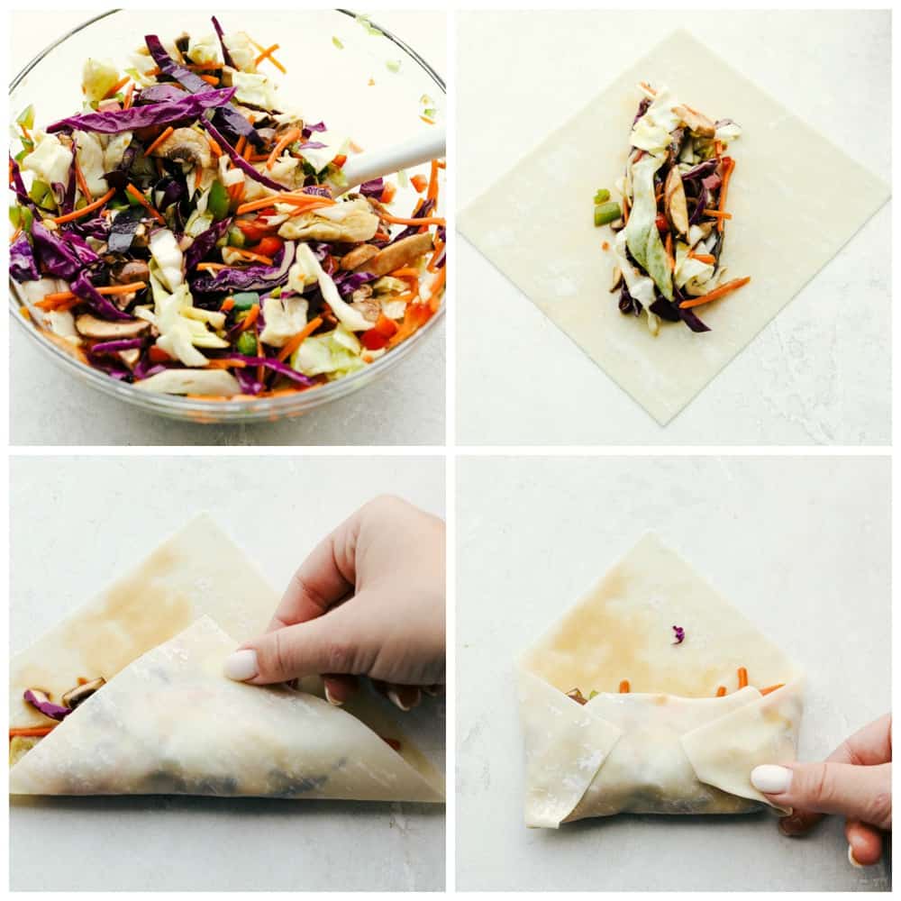 Vegetable Egg rolls are filled with colorful, crunchy flavorful veggies and fried till golden crispy brown. These are a homemade take on a classic take out favorite. Super easy and so delectable you'll never buy them again!ย Making crispy crunchy colorful veggie egg rolls.