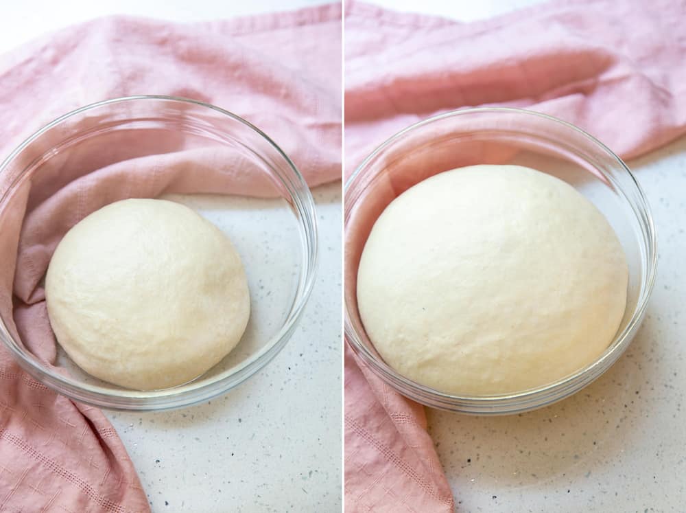 Homemade Donuts are easier to make than you might think! And yes, I’m talking about soft and fluffy fried yeasted donuts, dressed in your choice of vanilla or chocolate glaze. Dough in a bowl risen to double in size