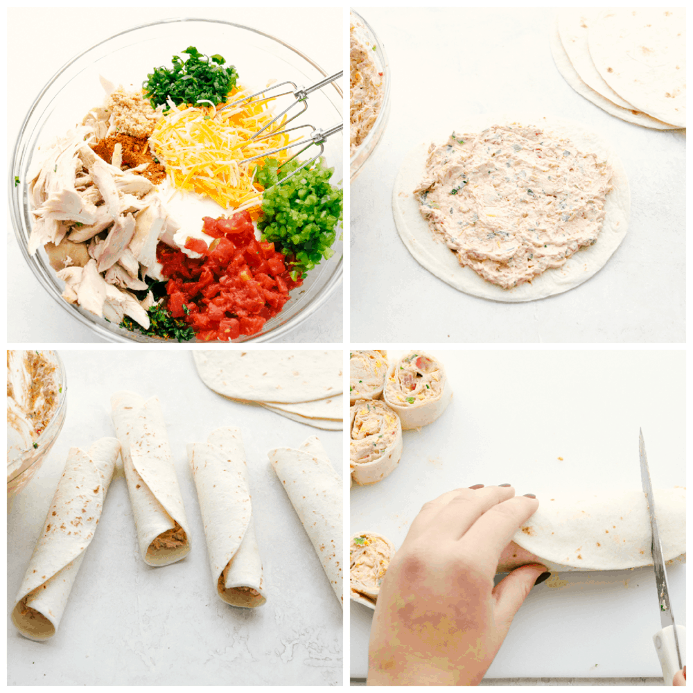Mexican Pinwheels are a slightly spiced creamy chicken blend rolled up in easy to eat bite sized pinwheels. Soft pillowy tortillas wrapped around colorful, amazing flavored filling are going to be a hit at your next gathering! The process of making Mexican pinwheels.
