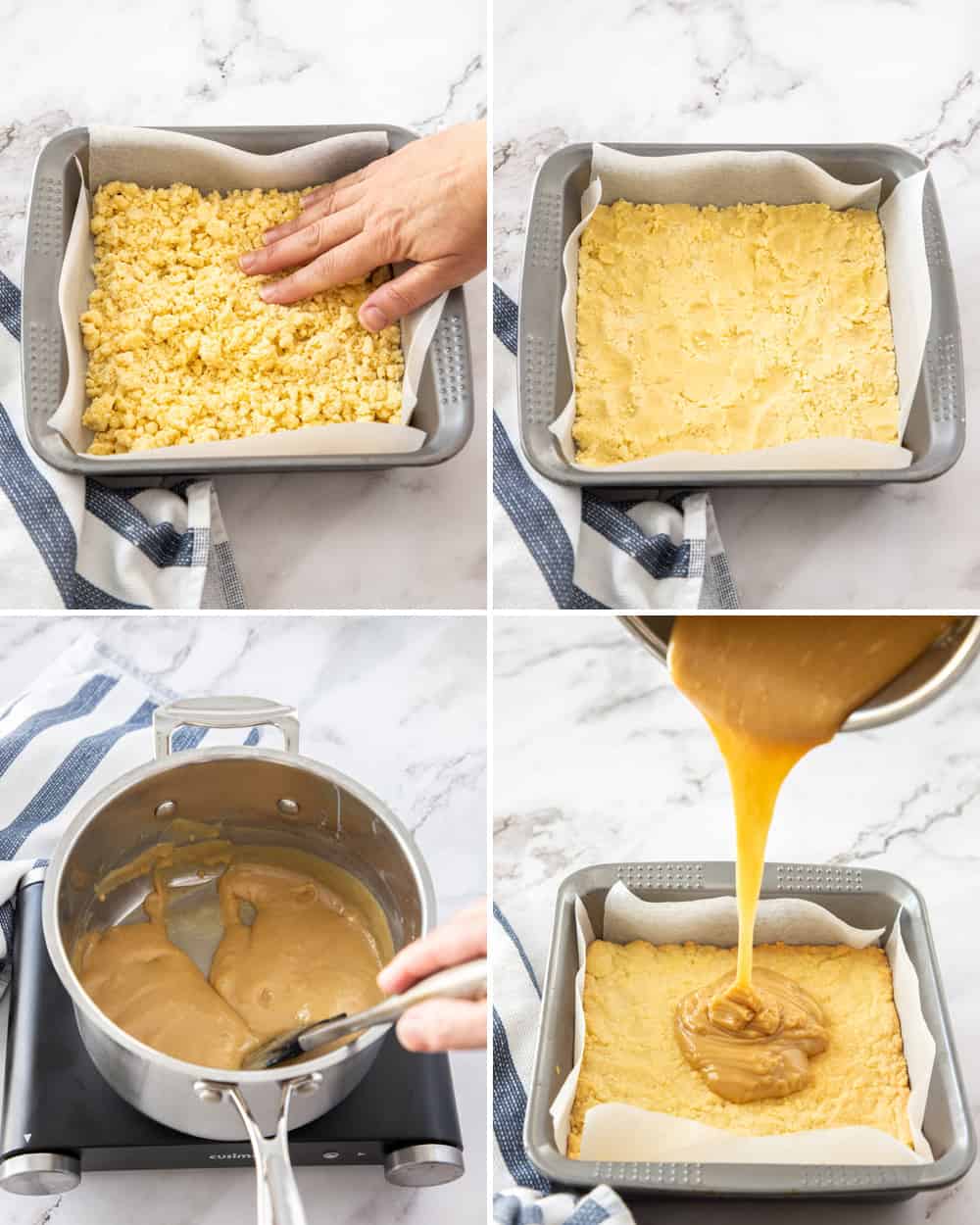 Three simple but indulgent layers make this Millionaire Shortbread recipe a winner every time. Just 8 every day ingredients magically turn into a crispy shortbread base, soft and chewy caramel centre and a rich and thick layer of chocolate ganache. Collage of 4 images showing the base and caramel being added to baking tin