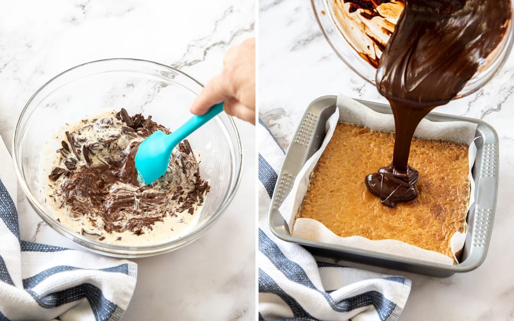 Three simple but indulgent layers make this Millionaire Shortbread recipe a winner every time. Just 8 every day ingredients magically turn into a crispy shortbread base, soft and chewy caramel centre and a rich and thick layer of chocolate ganache. 2 images showing making ganache and pouring it over caramel slice