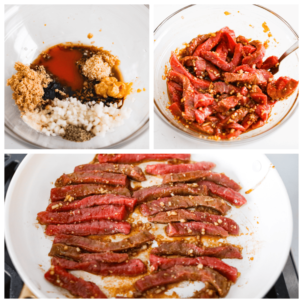 This amazing Korean Beef Bulgogi is easier than you think and doesn't need any fancy ingredients. It's a quick dinner that creates the most melt-in-your-mouth, flavorful beef! Perfect for busy families, it's ready in 45 minutes with only 10 minutes of actual prep and cook time. The slices of flank steak being marinated and cooked.