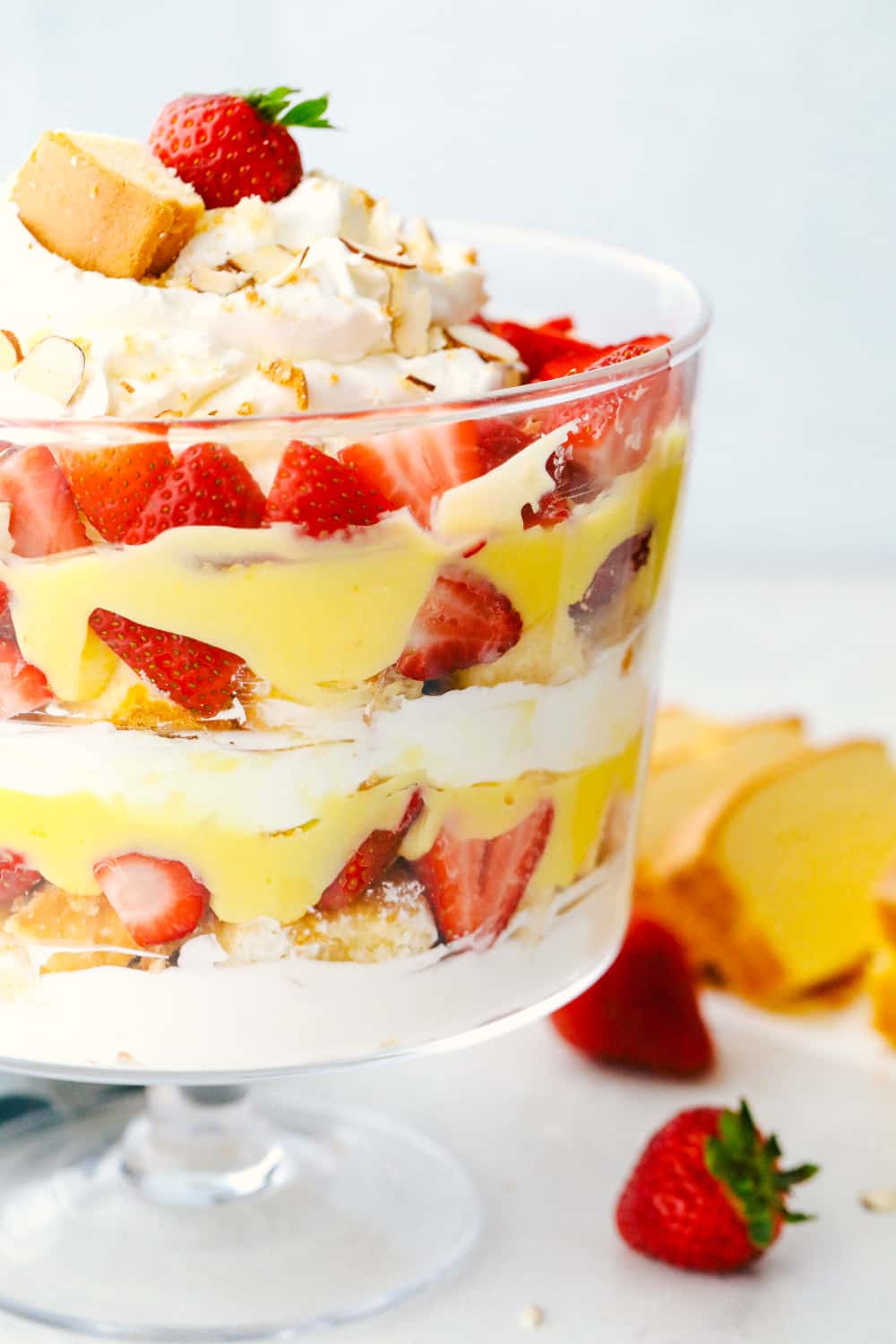Easy English Trifle is a light, delectable, sweet treat. It's so easy and so delicate and beautiful. Make sure you spotlight this fanciful dessert in a clear bowl, for all to see it's luscious layers. English trifle in a glass layered together.