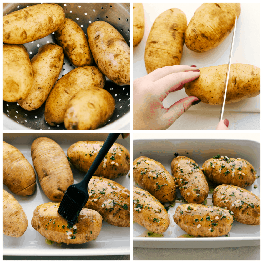 Crispy, perfectly seasoned, and so scrumptious, these Garlic Butter Hasselback Potatoes are going to be your new go to favorite! Your family is going to be so impressed when you set these on the table for dinner! Preparing, cutting, and seasoning potatoes.