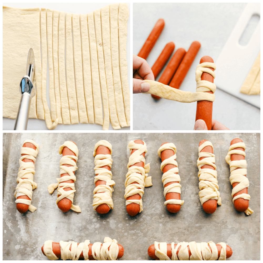 Nothing screams fun, quite like Mummy Hot Dogs for Halloween dinner. Serve these fun little vittles before trick or treating or at your next Halloween party. The process of cutting out, wrapping and forming the mummy dogs.