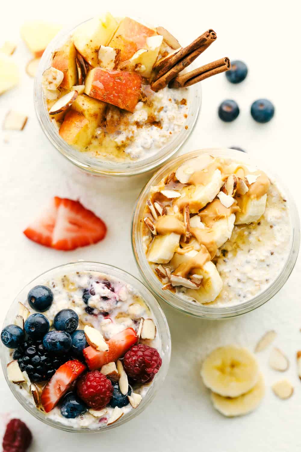 Overnight Oats are a healthy, versatile, make ahead, portable filling breakfast to get you on your way. These oats have to be one of the best inventions EVER! Overnight oats with different toppings and flavor combinations.