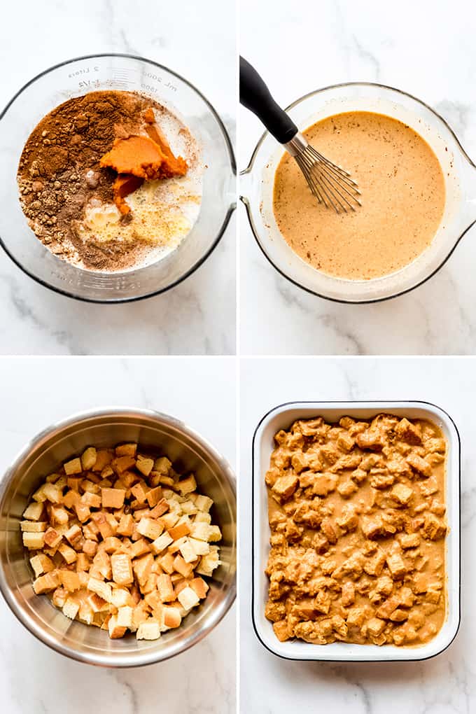 Pumpkin Bread Pudding is an easy and fantastic recipe that tastes like you have spent a lot of time putting it together when it really only takes minutes! Drizzle warm slices with caramel sauce and serve it with ice cream for a decadent dessert, or even enjoy it for breakfast like a baked french toast casserole! A collage of images showing steps for making pumpkin bread pudding.