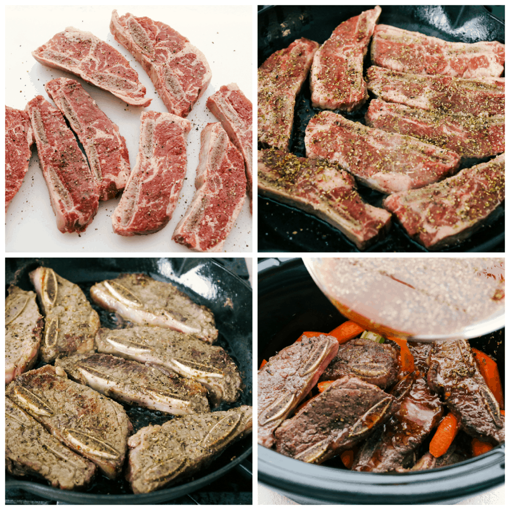 Fall-off-the-bone slow cooker short ribs are a perfectly hearty and savory dinner! This is the best way to cook succulent beef and fork-tender carrots that are emerged in a delicious sauce that is full of flavor. First photo is seasoning the ribs with salt and pepper. Second photo is searing the meat on one side. Third photo is searing the meat on the other side. Fourth photo is pouring the sauce over the meat in the crockpot.