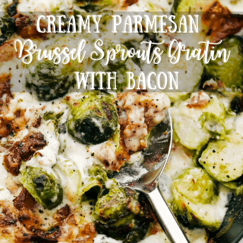 Creamy Parmesan Brussel Sprouts Gratin with Bacon is cheesy, savory and perfect for your holiday meals. Tender crisp brussels sprouts are smothered in a creamy sauce and topped with cheese and crunchy bacon. It's sure to be a crowd pleaser. Brussel sprouts photo with font lettering over top of it.