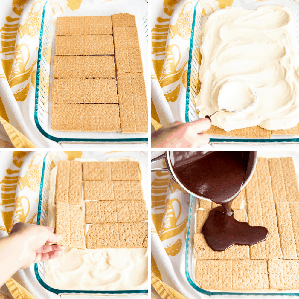 Rediscover an old fashioned icebox cake with layers of graham crackers, pudding and frosting in this amazing Chocolate Eclair Dessert. The different layers and textures will make your mouth so happy. Steps to making eclair cake.