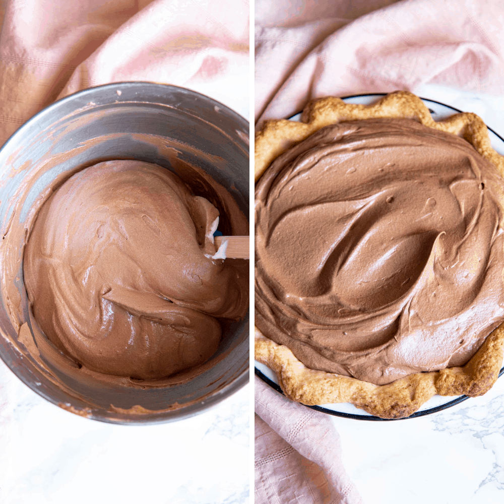 A flakey crust is filled with a decadent, dreamy, creamy, chocolate filling and topped with pillows of cream for this irresistible French Silk Pie. The filling is so smooth and rich, and then encased in a buttery crust. Whipping and mixing creamy mousse filling.