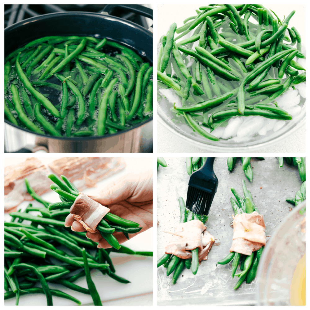 These green bean bundles are the ultimate side dish! Crispy bacon wrapped around succulent green beans will be your new tradition this holiday season! Blanching and wrapping beans with bacon and basting them for roasting.